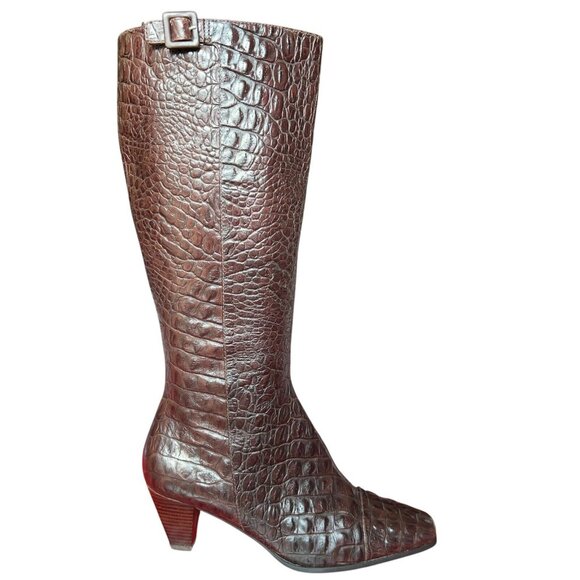 Ecco Elizabeth Brown Crocodile Embossed Leather Riding Boots Womens 38 US 8-8.5